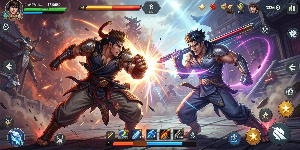 Screenshot utama menunjukkan aksi pertarungan seru dalam game Fighting.