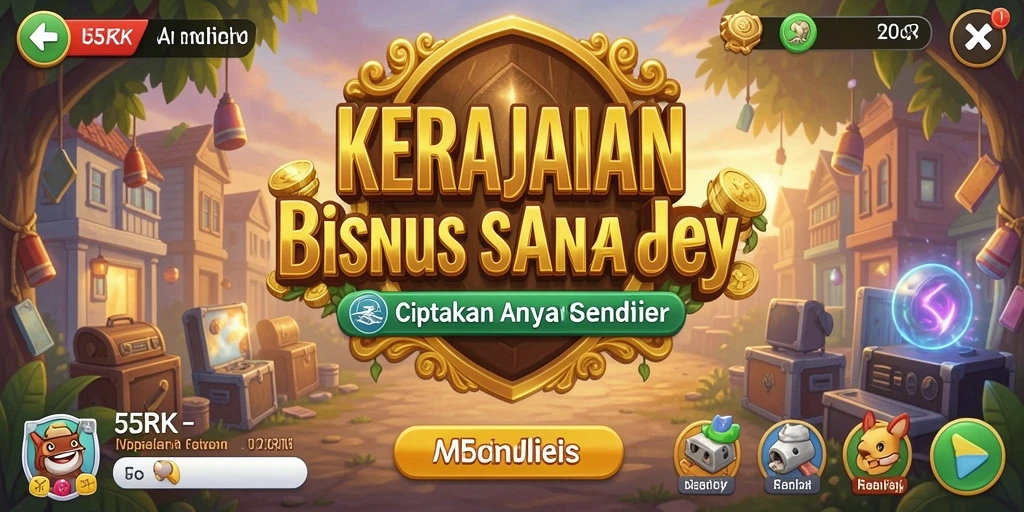 Screenshot utama 55RK menampilkan gameplay membangun kerajaan bisnis.