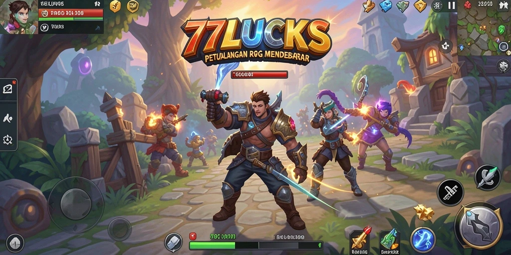 Tangkapan layar utama 77LUCKS menunjukkan aksi seru dalam petualangan RPG.