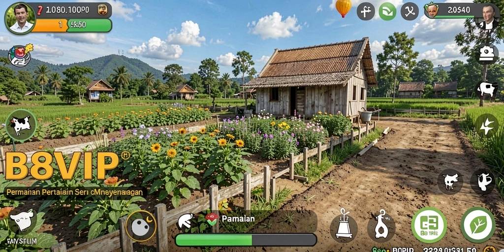 Tampilan gameplay B8VIP yang menarik dengan aktivitas bertani.