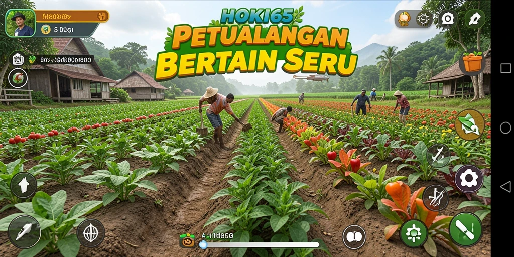 Screenshot gameplay HOKI65 dengan petak ladang yang subur.