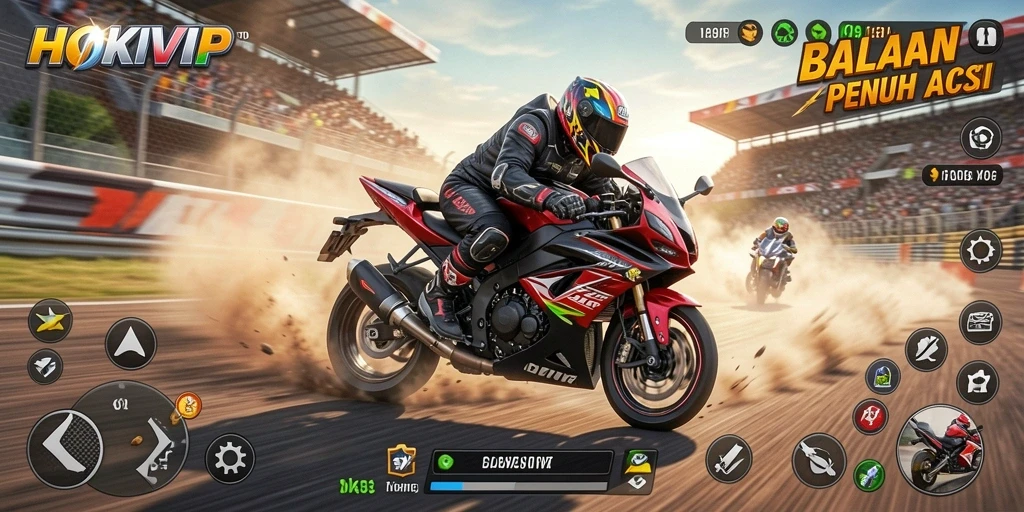 Gameplay HOKIVIP yang mendebarkan di lintasan balapan motor.