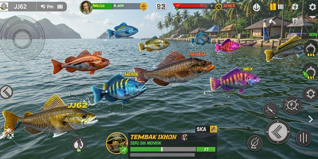 Gameplay seru dalam JJ62 dengan banyak ikan untuk ditembak.