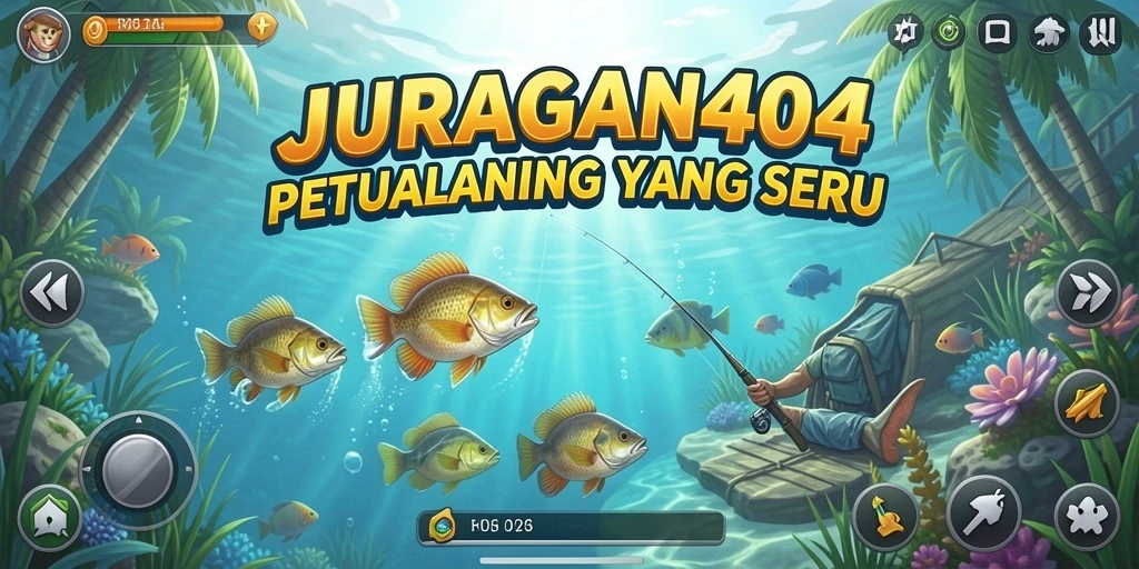 Tampilan gameplay seru dalam JURAGAN404 saat memancing ikan.