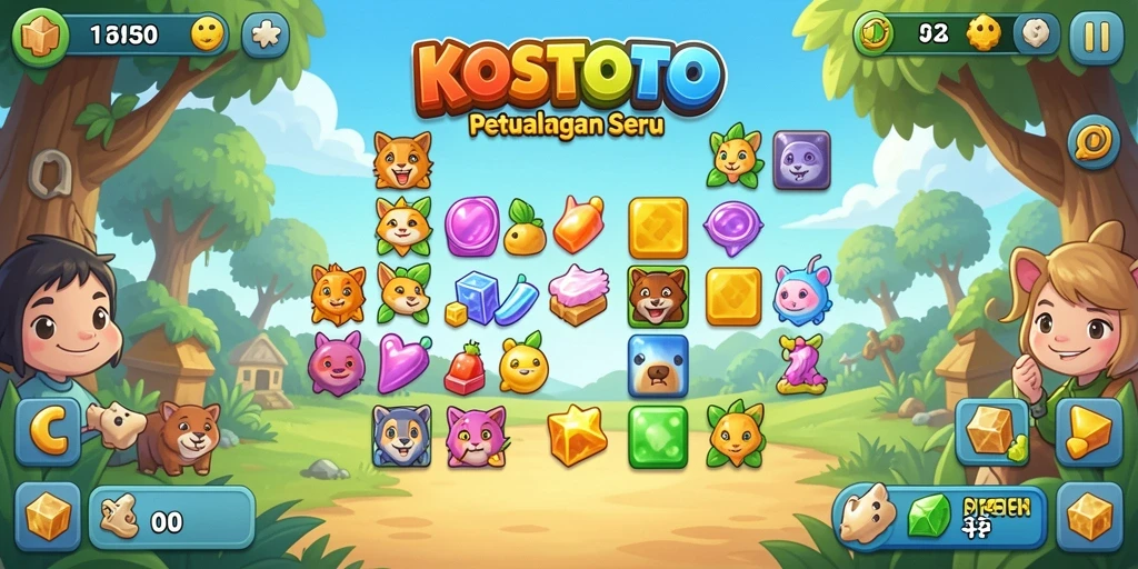 Tangkapan layar gameplay KOSTOTO yang menampilkan aksi kombinasi permata Match-3.