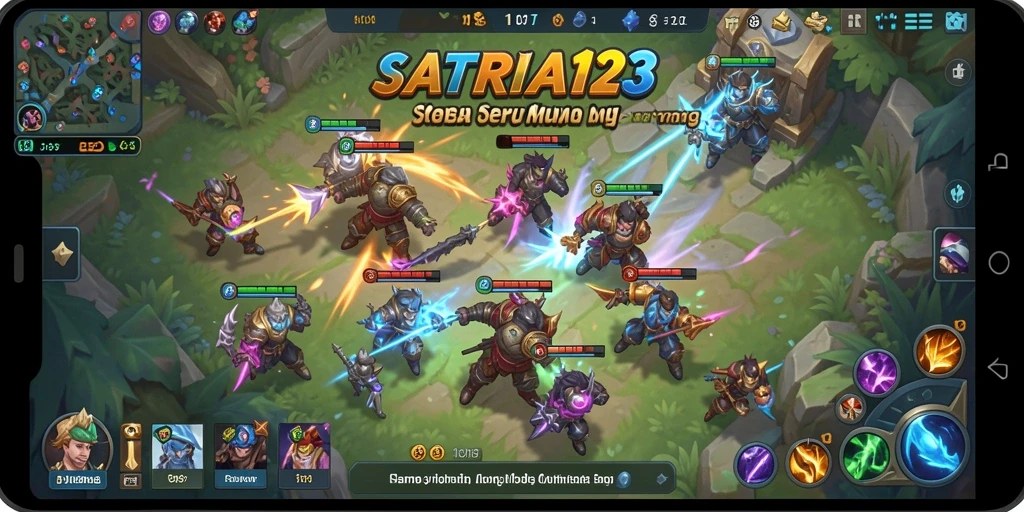 Screenshot gameplay SATRIA123 yang menampilkan pertempuran MOBA yang intens.