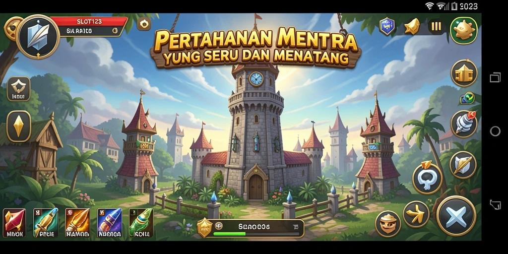 Tangkapan layar menunjukkan aksi seru di game Tower Defense SLOT123.