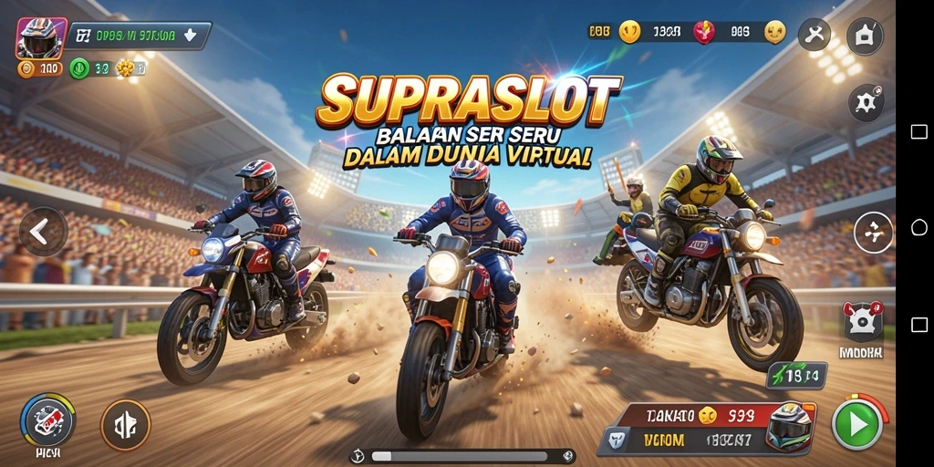 Tampilan utama gameplay SUPRASLOT dengan kendaraan balap melaju kencang.