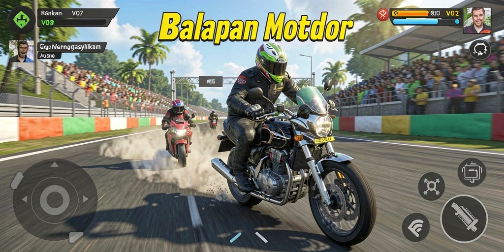 Tampilan layar utama V07 memperlihatkan aksi balapan motor yang seru.