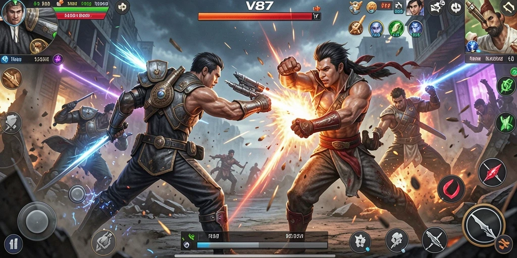 Screenshot V87 menampilkan aksi pertarungan yang seru dan mendebarkan.