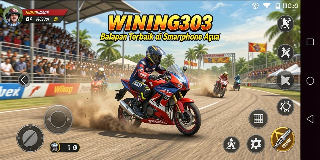 Screenshot utama WINNING303 menampilkan aksi balapan motor yang mendebarkan.